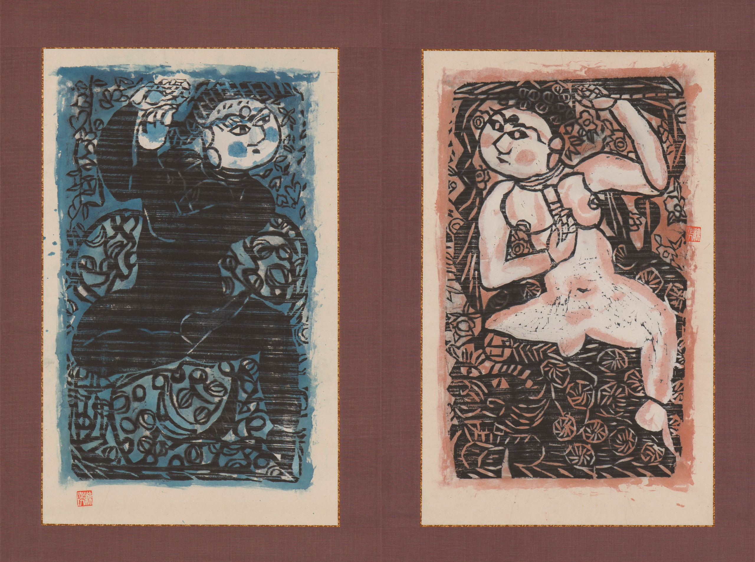 A Red Girl (Mañjuśrī on the Lion) (right) A Blue Boy (Samatabhadra on the Elephant) (left)