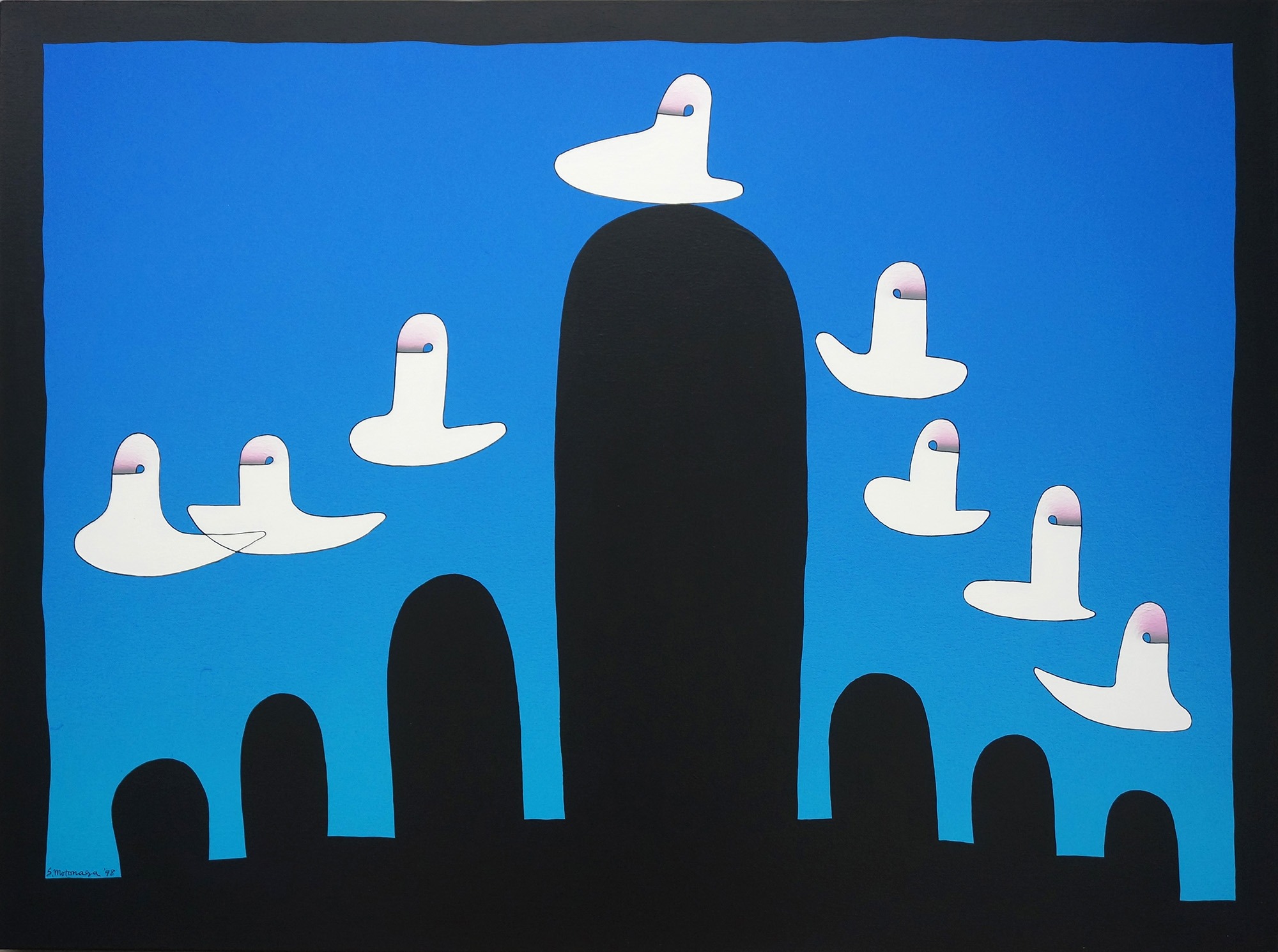 Eight white objects and black shapes